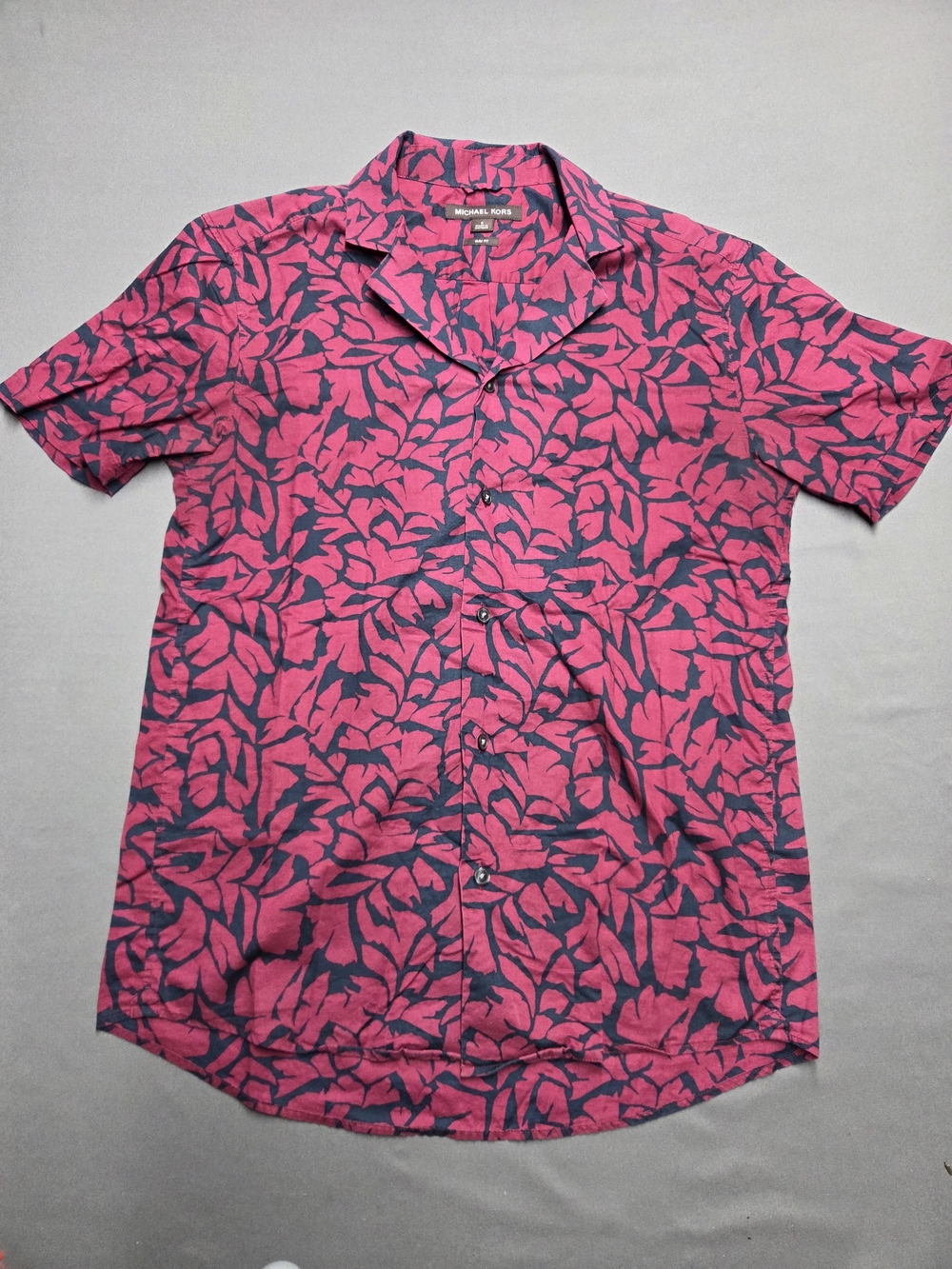 Michael Kors Men's Burgundy Blue Floral Leaf Short Sleeve Camp Shirt Slim Fit S